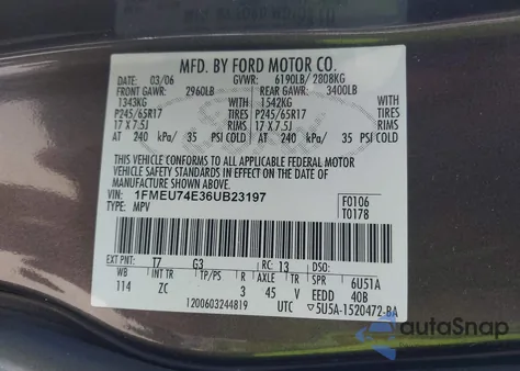 2006 Ford Explorer Eddie Bauer from USA, damaged, VIN 1FMEU74E36UB23197